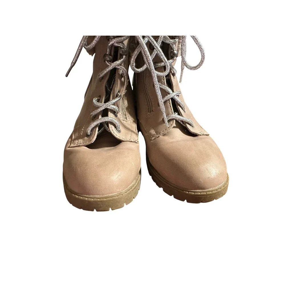 Kids Faux Fur Collar Combat Boots Lace Up Zip Closure‎ Light Pink Casual